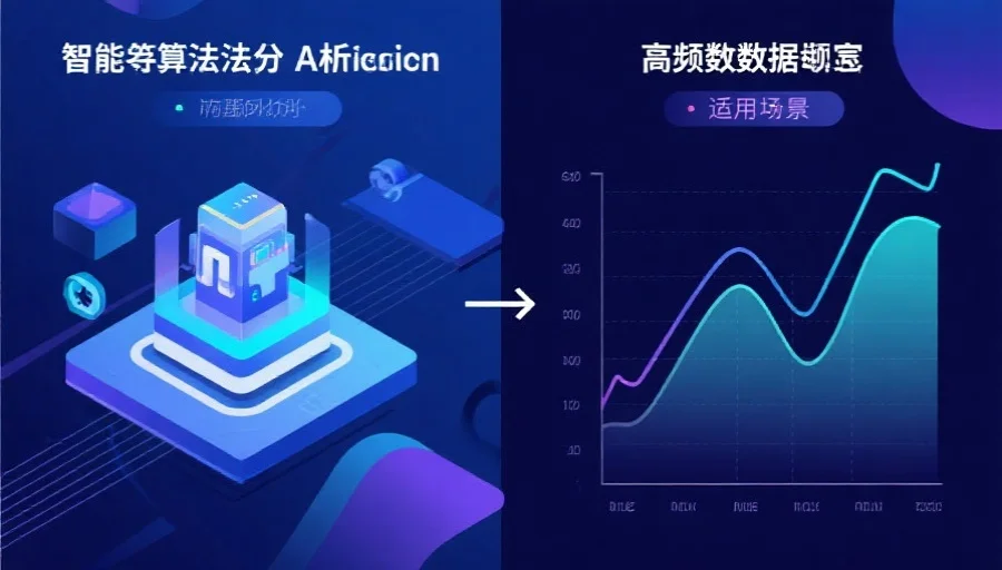 抽象风格的对比图,左侧展示智能算法分析,右侧展示高频数据走势图,两者中间有箭头指向各自适用场景